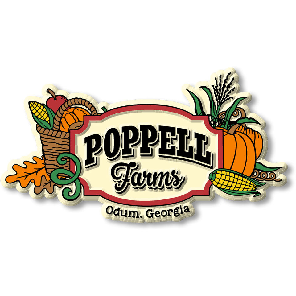 Poppell Farms logo with basket of fruit, pumpkins, corn, and text: Odum, Georgia