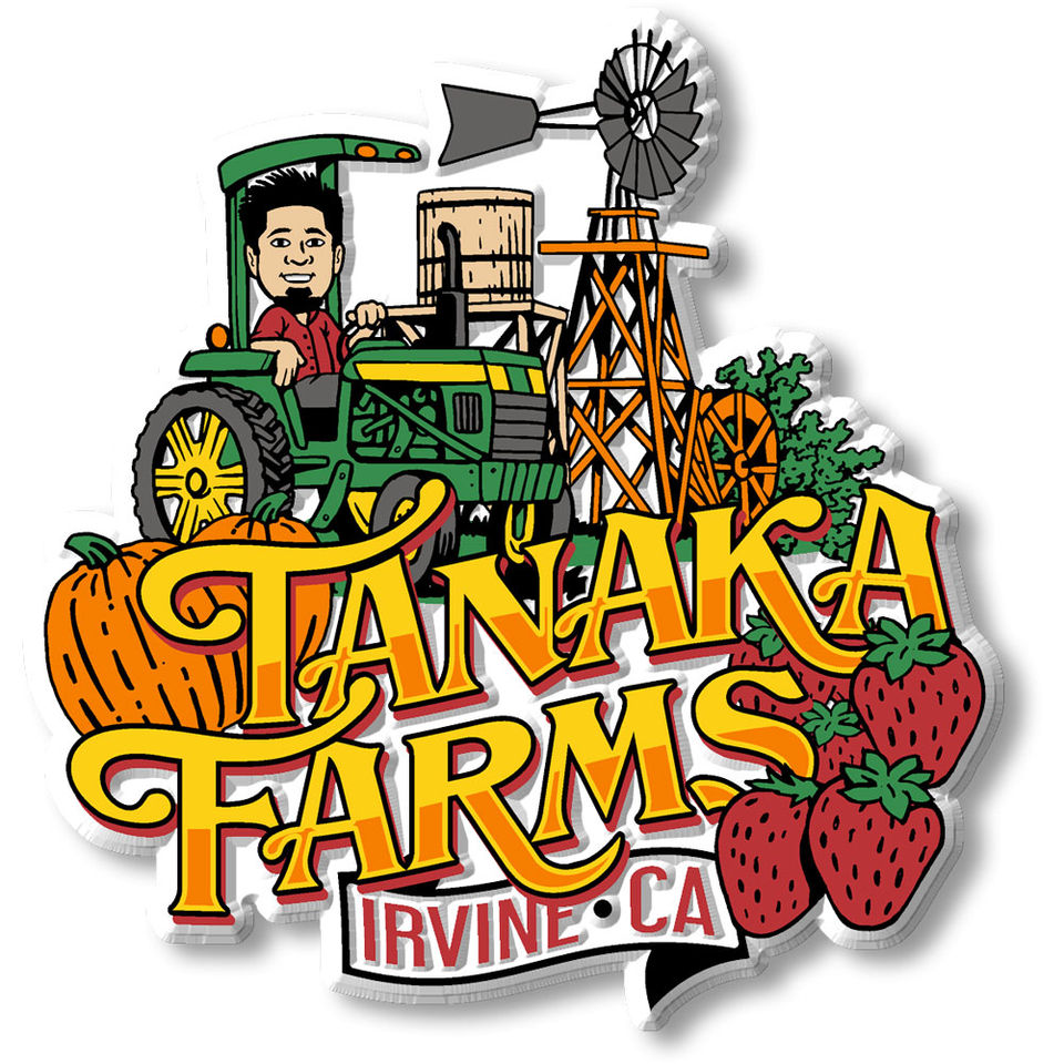 Tanaka Farms logo with a cartoon farmer driving a tractor, pumpkins, strawberries, and text: Tanaka Farms, Irvine, CA