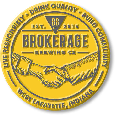 Brokerage Brewing Co. logo with handshake, text reads Live Responsibly, Drink Quality, Build Community, Est. 2016, West Lafayette, Indiana