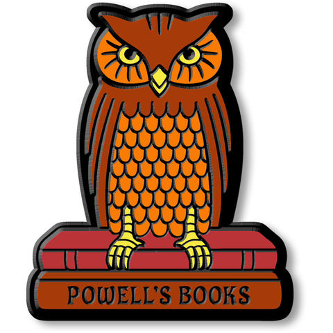 Orange owl perched on a stack of books with the text 'Powell's Books'