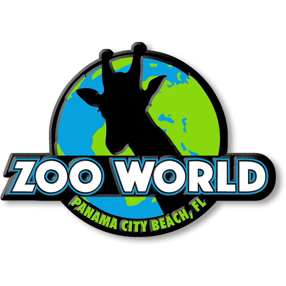 Zoo World logo with a giraffe silhouette against a globe, Panama City Beach, FL