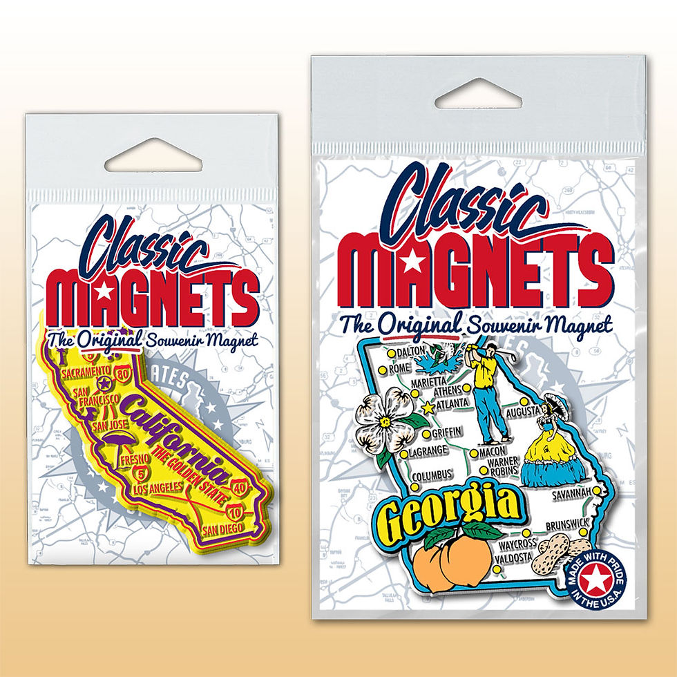 Classic Magnets souvenir magnets, California and Georgia state outlines, with cities and state names, made with pride in the USA