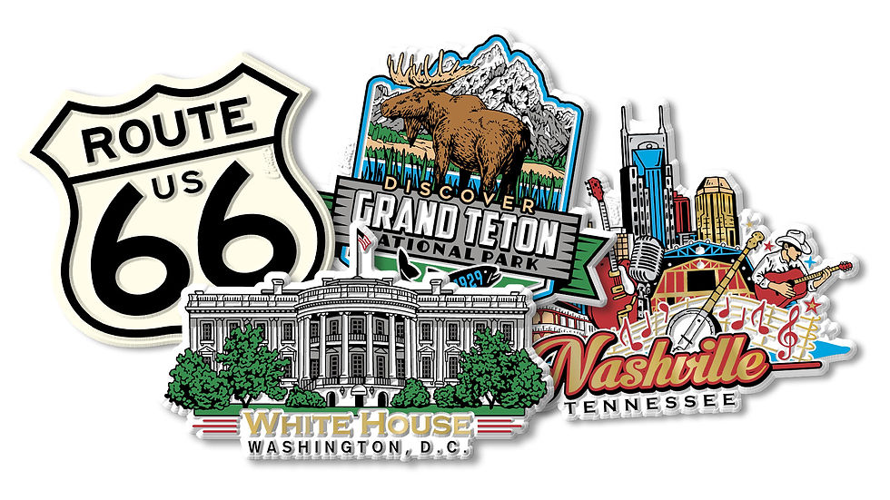 Route 66, Grand Teton National Park, White House, Washington, D.C., Nashville, Tennessee, custom souvenir magnets