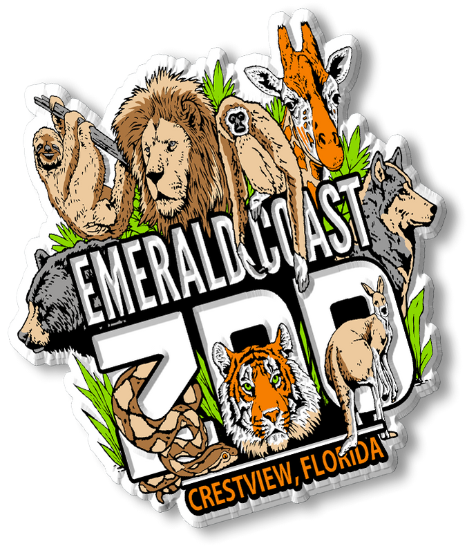 Emerald Coast Zoo logo featuring a tiger, lion, giraffe, sloth, bear, monkey, snake, wolf, and kangaroo with the text 'Emerald Coast Zoo, Crestview, Florida'