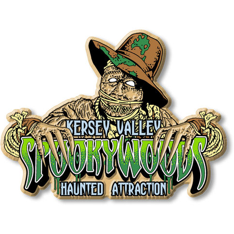 Scarecrow with glowing eyes and a hat, Kersey Valley Spookywoods Haunted Attraction
