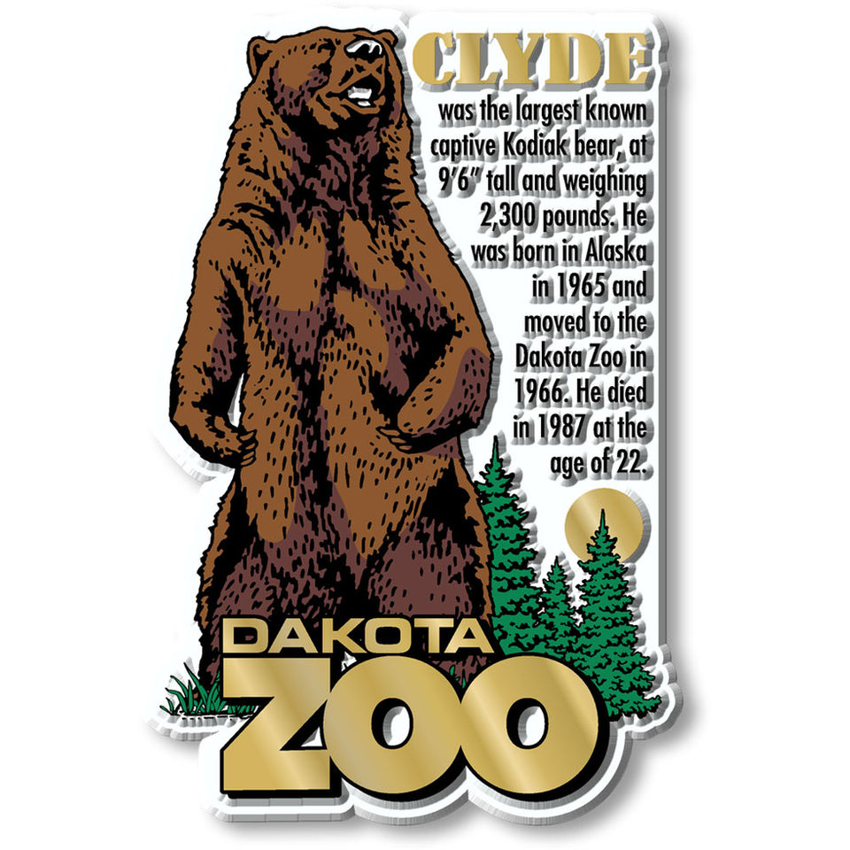 Clyde the Kodiak bear, Dakota Zoo souvenir magnet, 9'6" tall, weighing 2,300 pounds