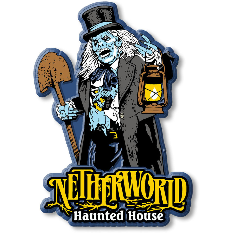 Skeleton holding a shovel and lantern with Netherworld Haunted House text
