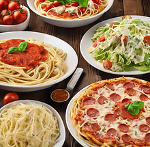 display of italian spaguetti, fetuccinni alfredo, pepperoni pizza and caesar salad for res