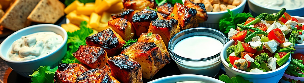 create a display of mediterranean food including ONLY chicken kabobs, humus, greek salad,