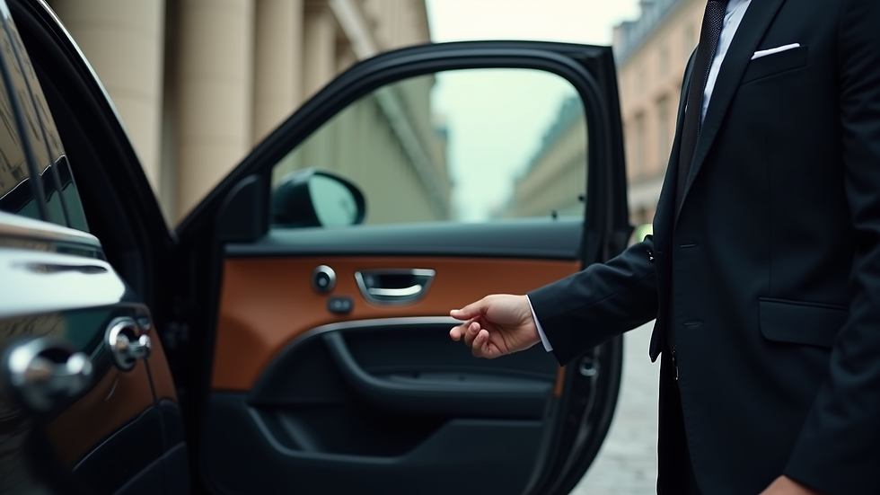 Close-up view of a chauffeur opening a car door for a luxury passenger