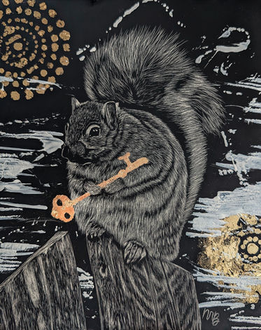 Écureuil, Trésor caché de l'île des moulins - Écureuil avec une clée - Gravure sur Scratchboard  et Techniques mixtes - 2025