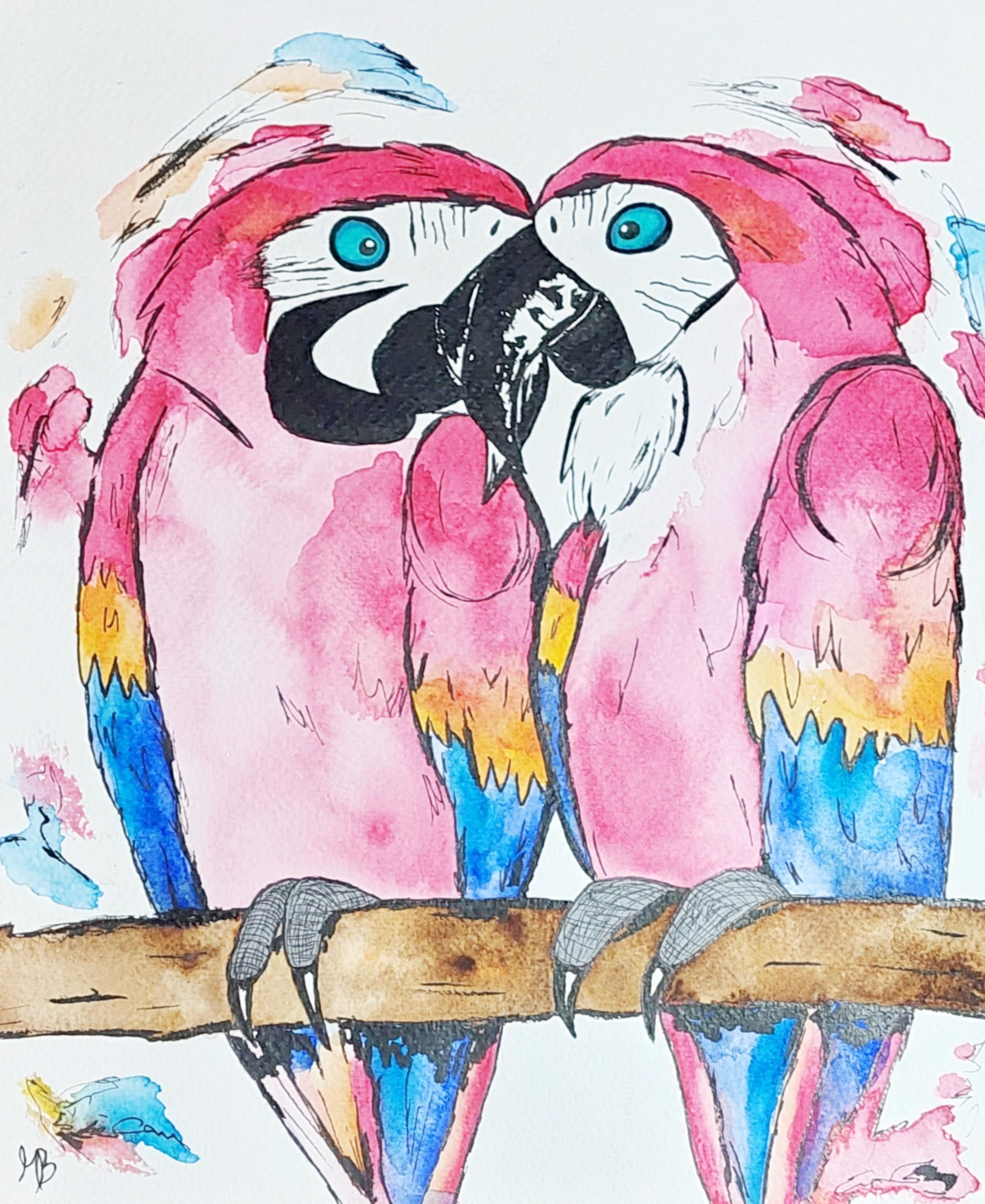 Oeuvre originale Perroquets amoureux - Étreinte colorée