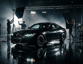 Firefly_Gemini Flash_High-end commercial shoot of a sleek black BMW M4 on a studio floor, 
