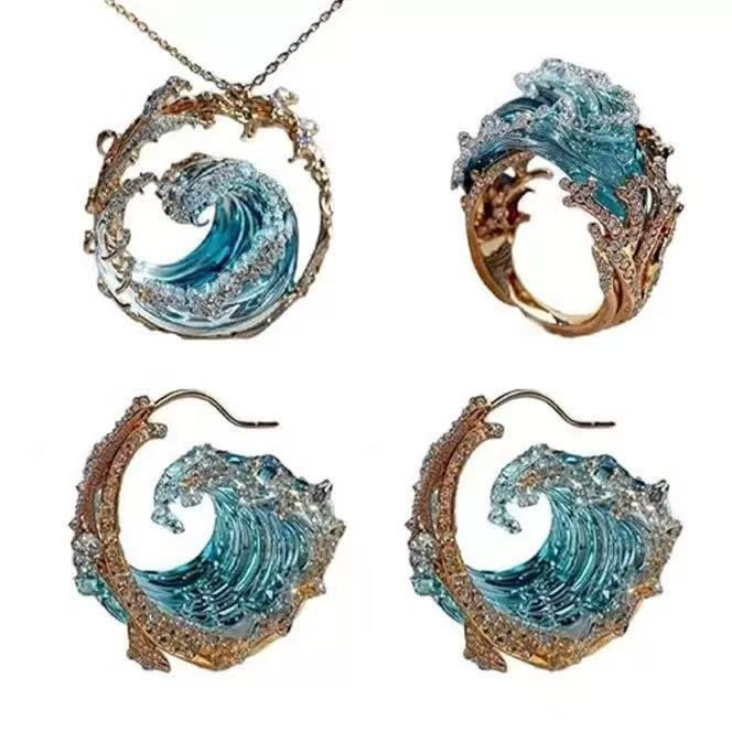 Thumbnail: Wave Design Jewelry Set Necklace Earrings Ring