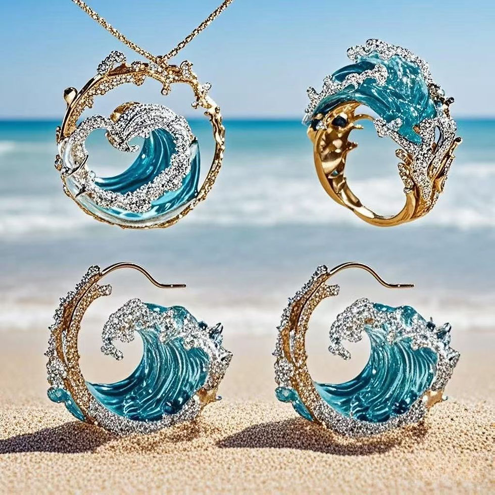 Thumbnail: Wave Design Jewelry Set Necklace Earrings Ring