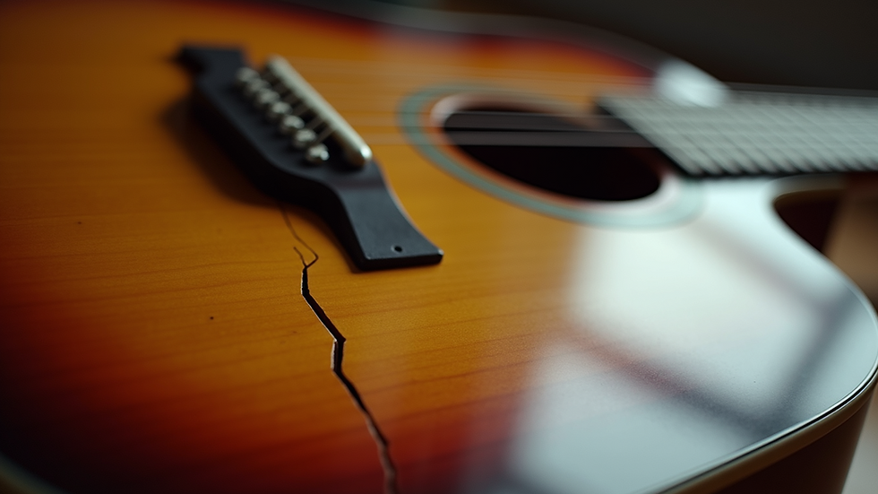 High angle view of guitar body with visible crack near bridge