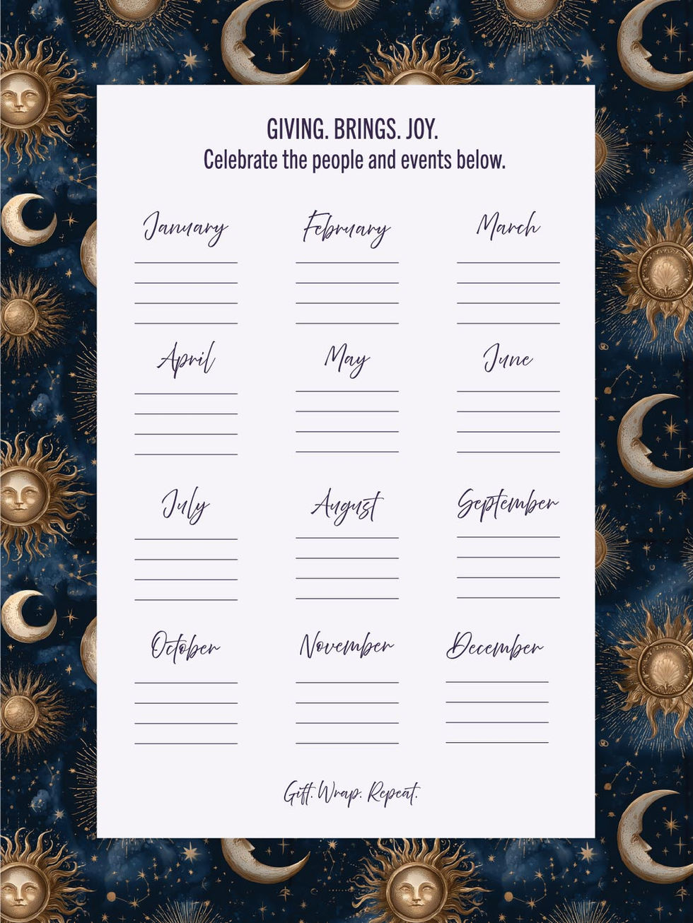 Astrology-inspired page from The Gift Wrap Book: BELIEVE with zodiac signs