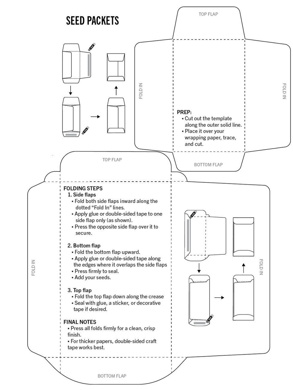 Gift wrap book template with seed pavkets layout and folding diagram – printable wrapping paper guide
