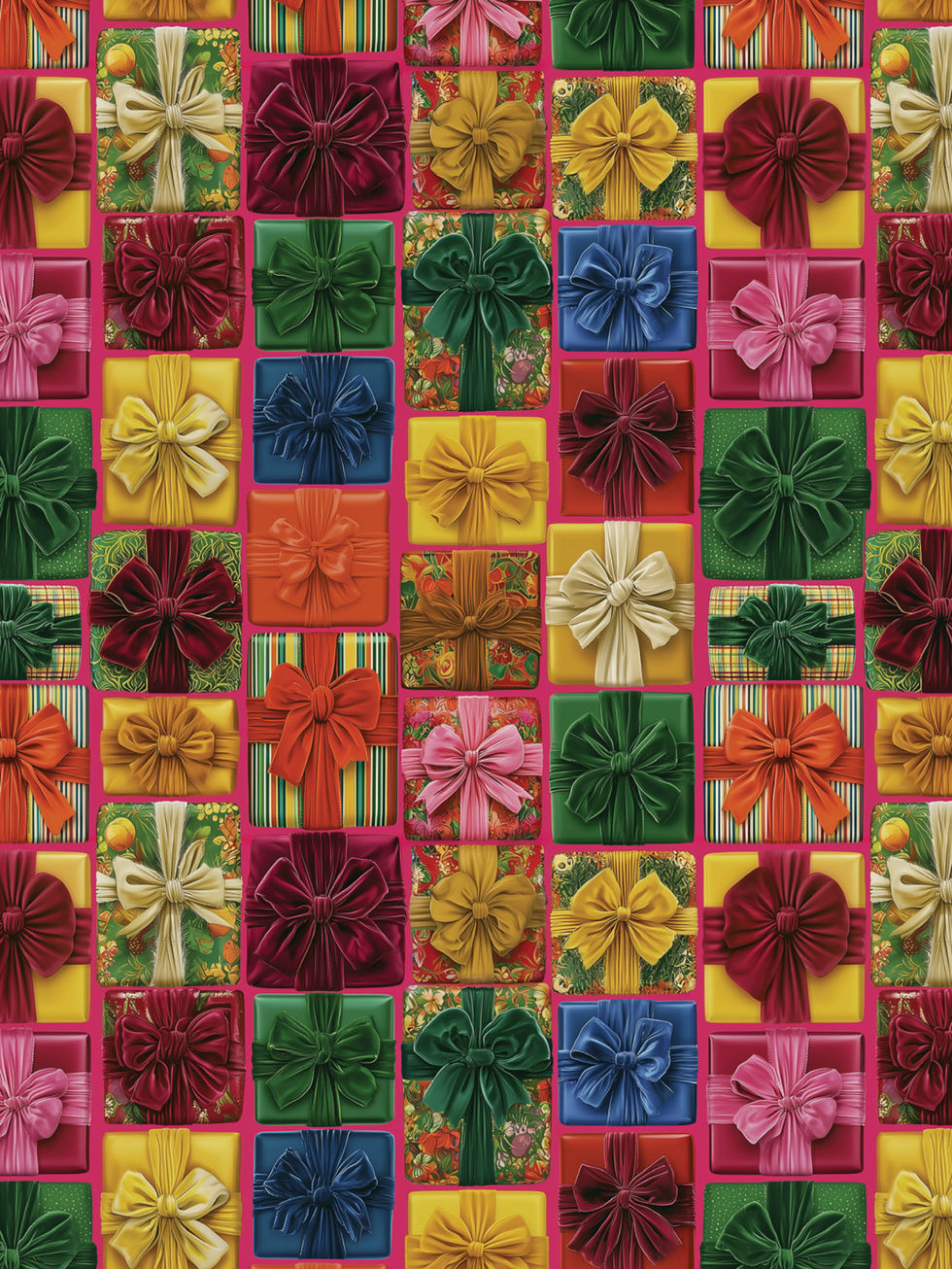 Gift box wrapping paper with colorful presents and bows