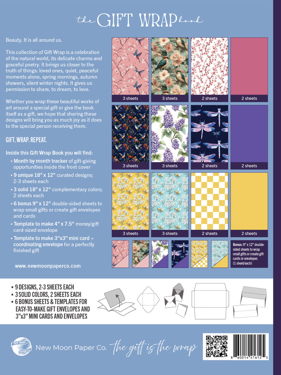 Blue gift wrap book overview with floral, bird and geometric patterns – elegant wrapping paper collection details