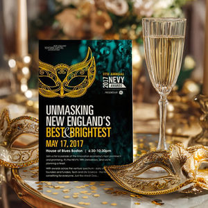 Masquerade-themed NEVYs 2017 event invitation design with gold mask and champagne.