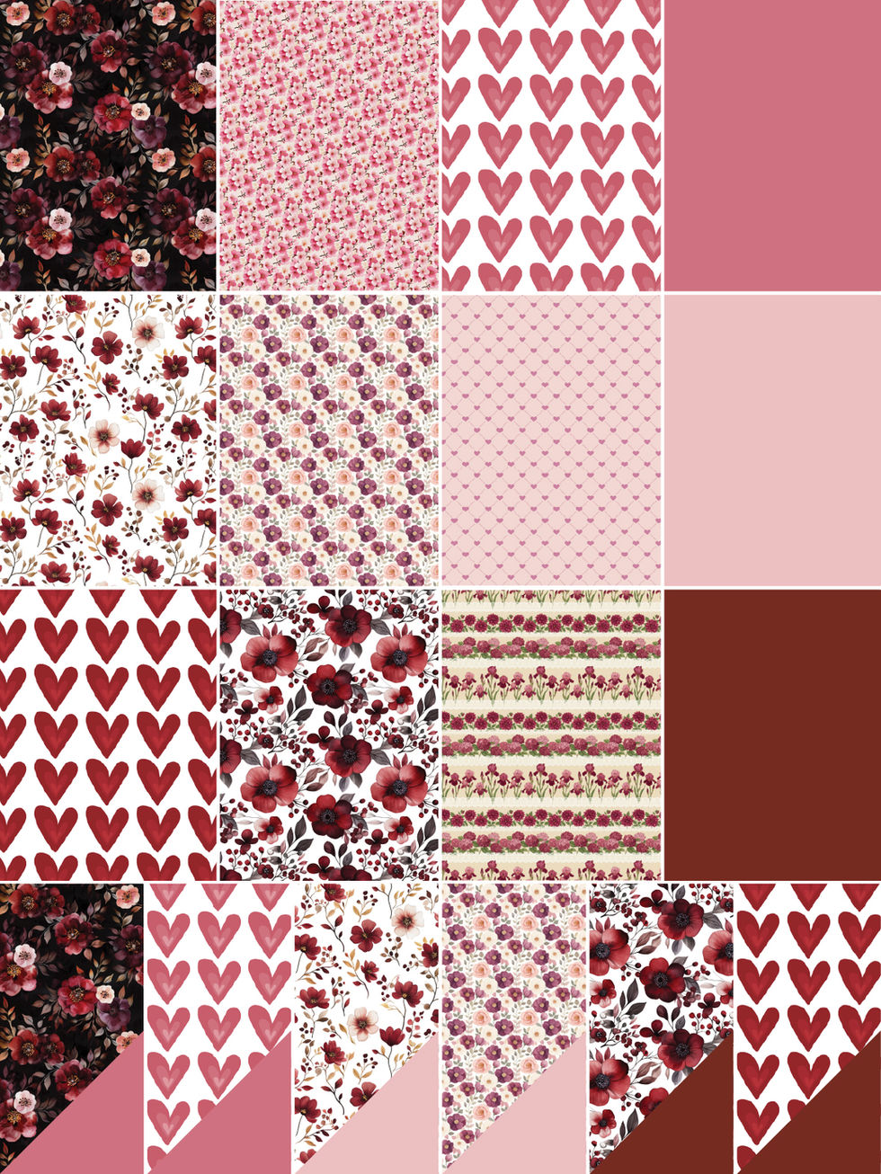 Romantic patchwork pattern with hearts and florals in pink and red tones – coordinated wrapping paper collection