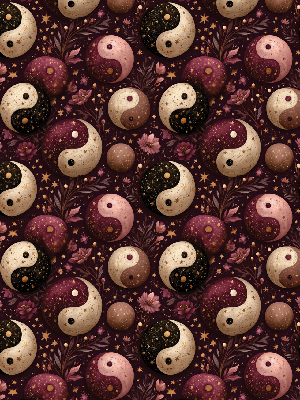 Floral Yin Yang wrapping paper in burgundy, cream and gold