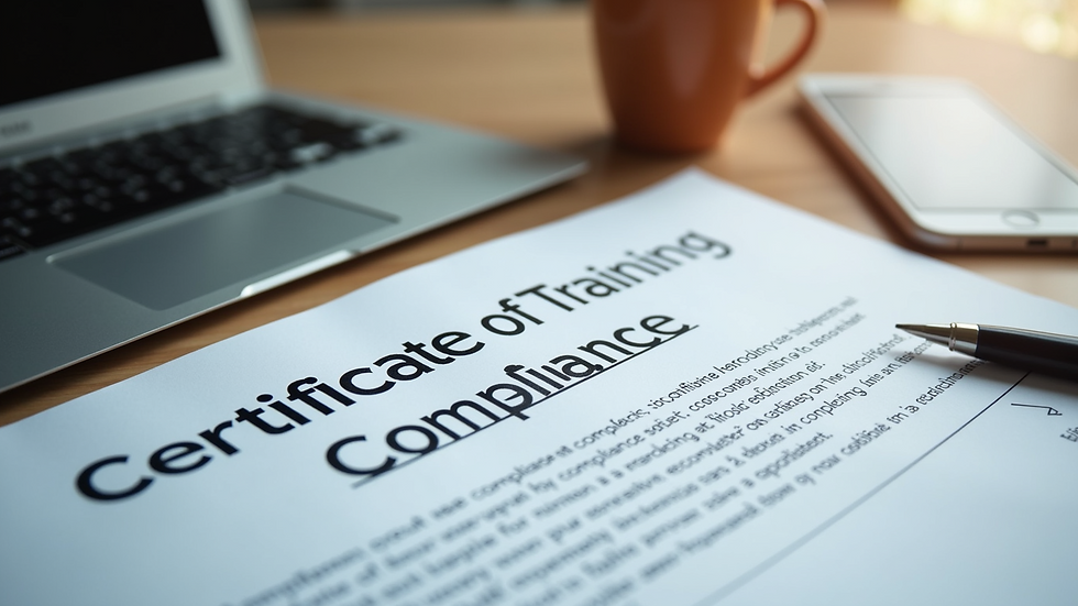 High angle view of a certificate of completion for compliance training