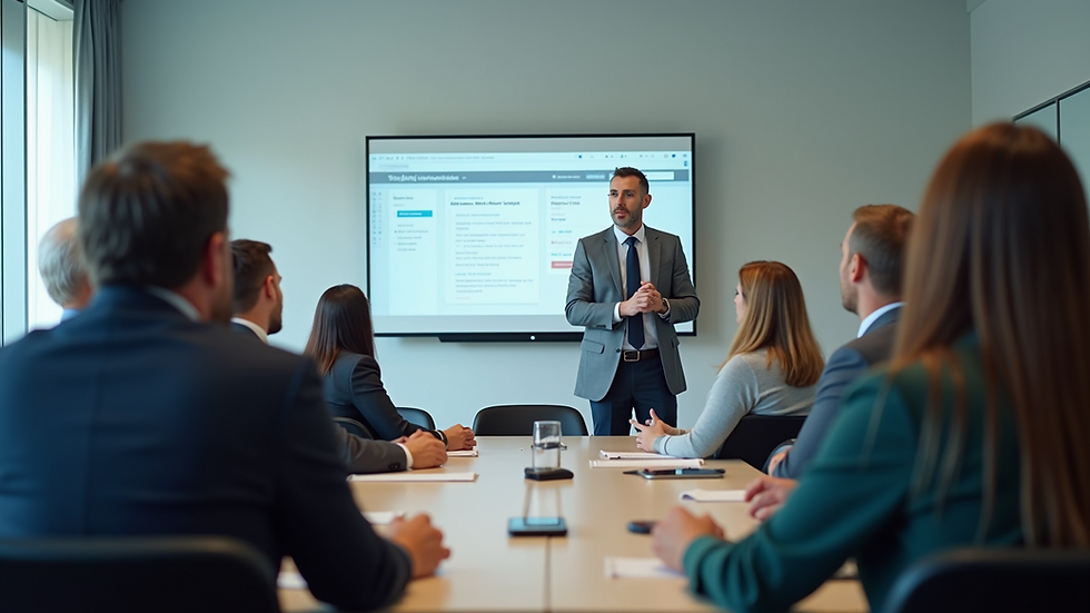 Eye-level view of a training room with employees engaged in a compliance session