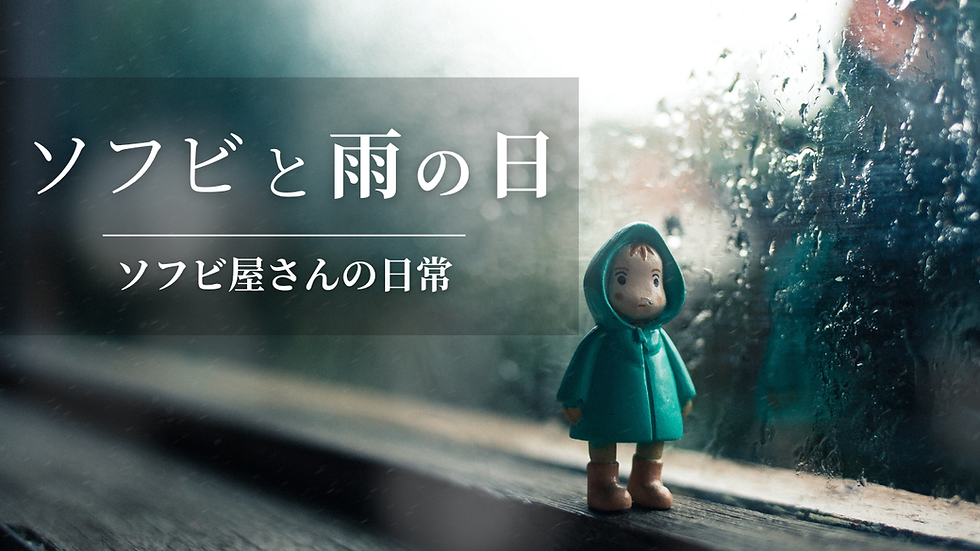 雨に濡れた窓辺に立つレインコート姿のソフビ人形。背景には雨粒が流れ、静かな雰囲気の中で『ソフビと雨の日｜ソフビ屋さんの日常』の文字が添えられている。