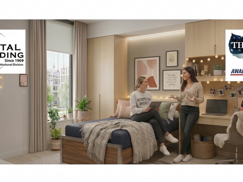 Capital Bedding institutional mattress in a modern student housing dorm room featuring the Capital Bedding Institutional Division logo and the official TIPS Awarded Vendor logo.