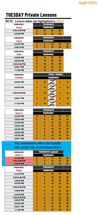 TUESDAY Private Lessons