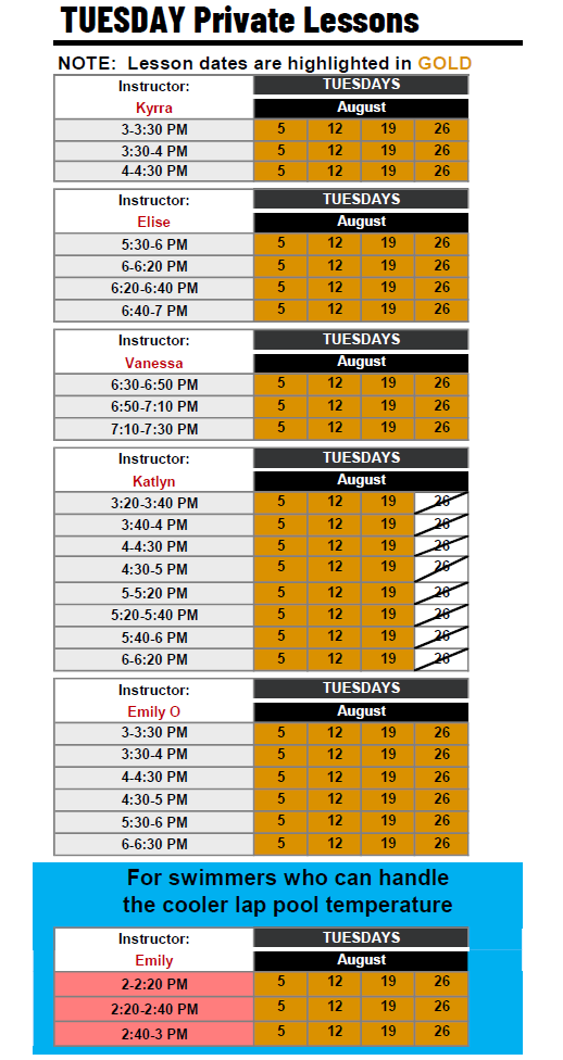 TUESDAY Private Lessons