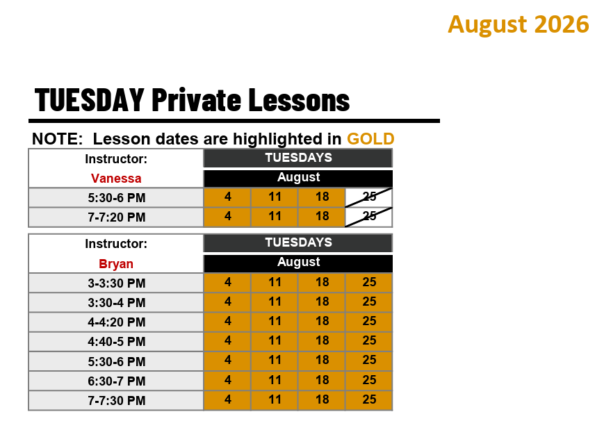 TUESDAY Private Lessons