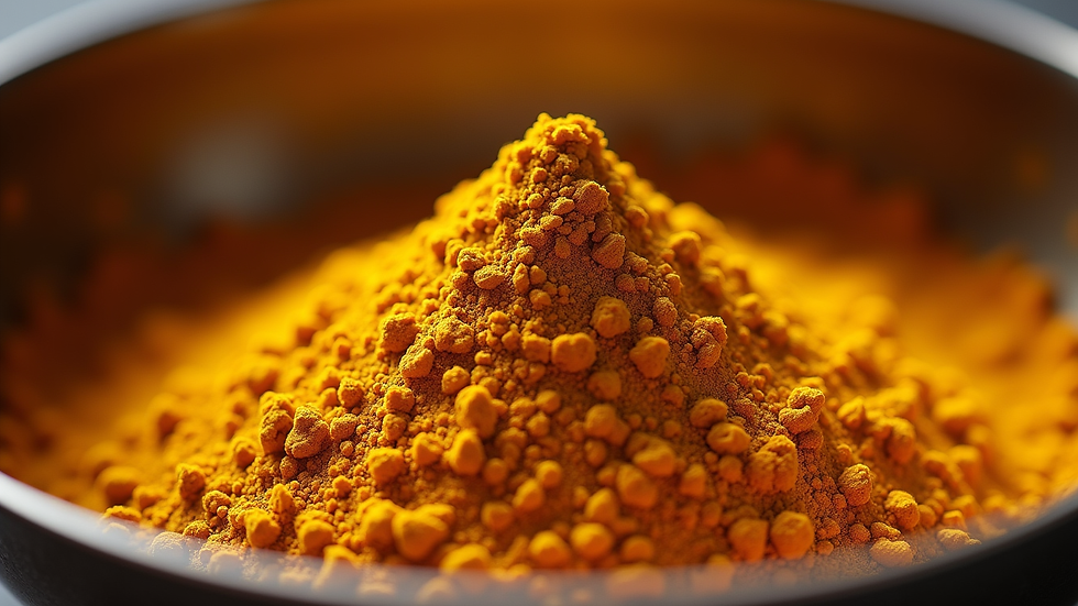 Eye-level view of freshly ground sambar powder in a bowl