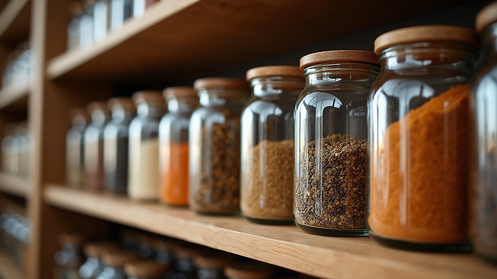 Eye-level view of spice jars arranged on a wooden shelf