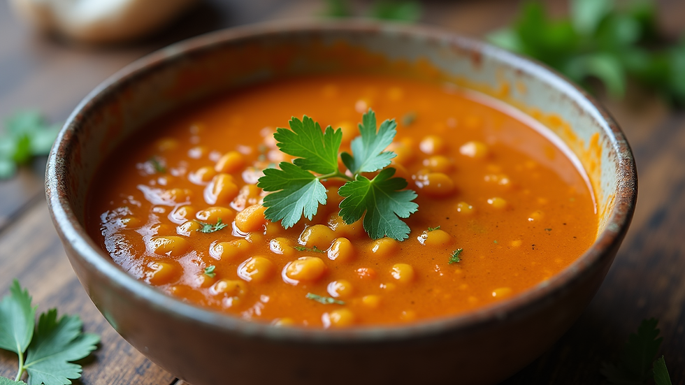 Eye-level view of a bowl of spiced lentil soup garnished with fresh coriander