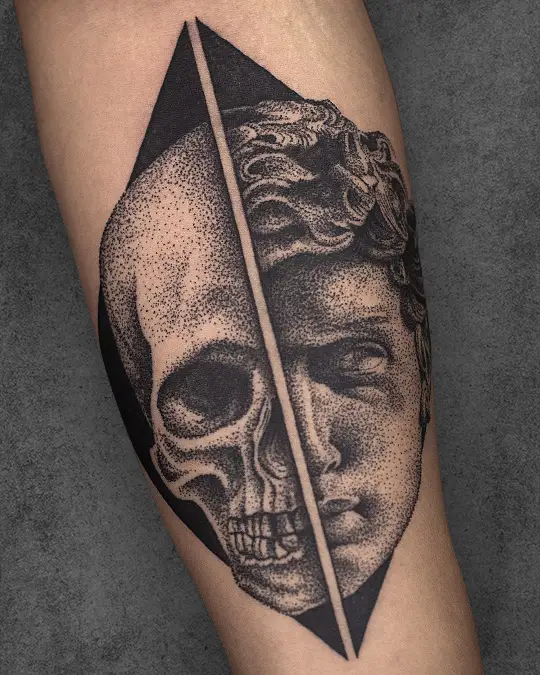 statue and skull dualism dotwork shading tattoo