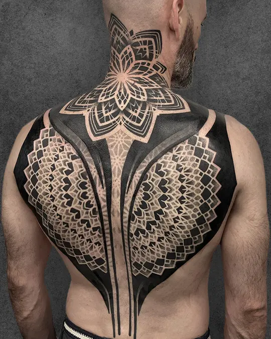 full back mandala and blackwork tattoo