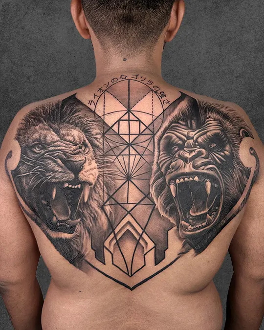 dualism lion and king kong black work geometry tattoo