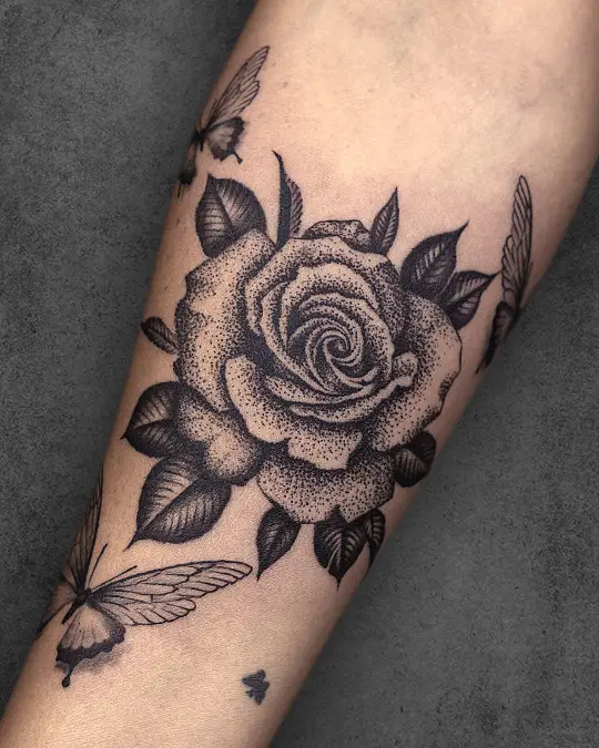rose with dotwork shading tattoo