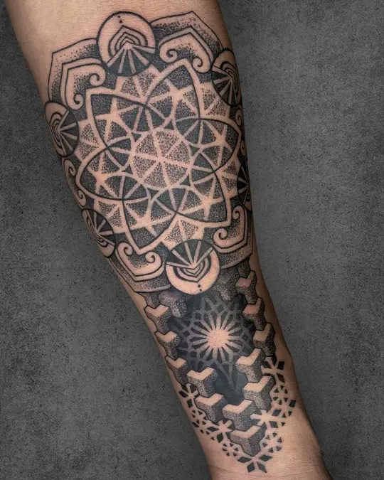 3d geometric and dotwork shading tattoo