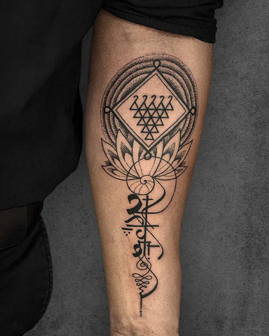 unalome and saraswati yantra tattoo
