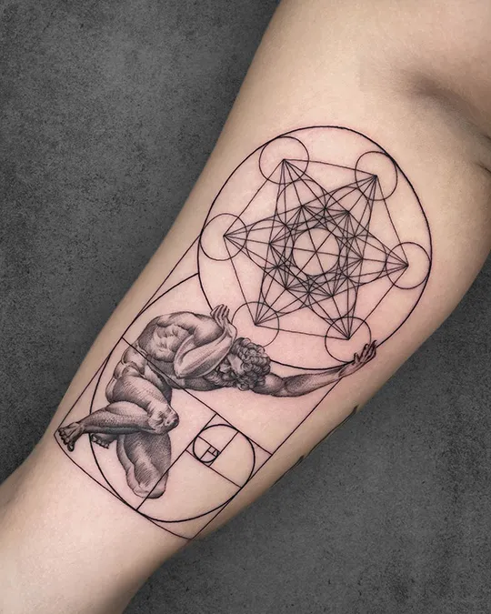 roman statue and metatron cube tattoo