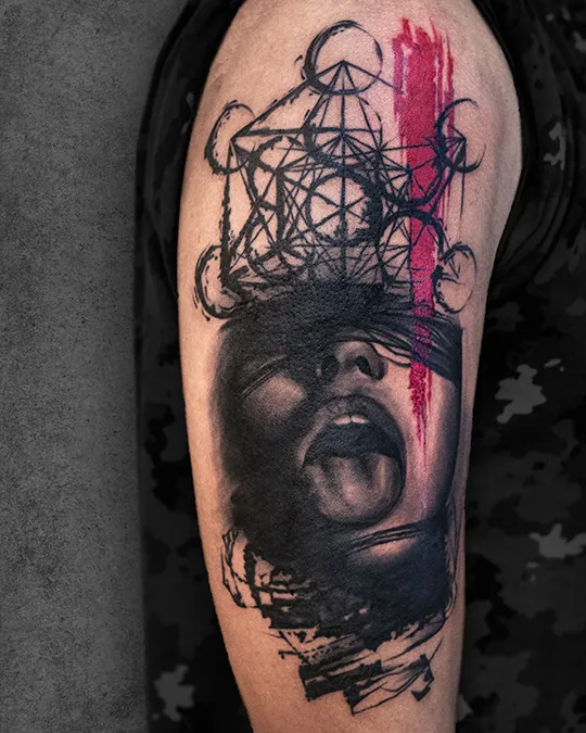 color woman portrait and metatron cube tattoo