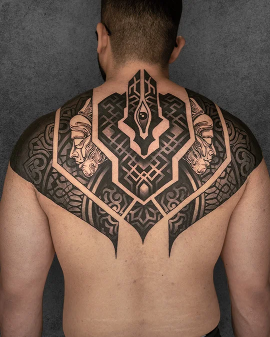 third eye geometry and blackwork tattoo