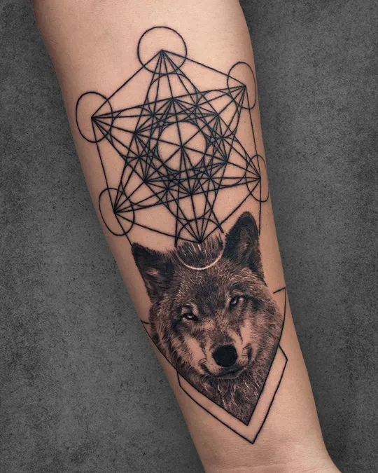 dualism wolf and metatron cube tattoo