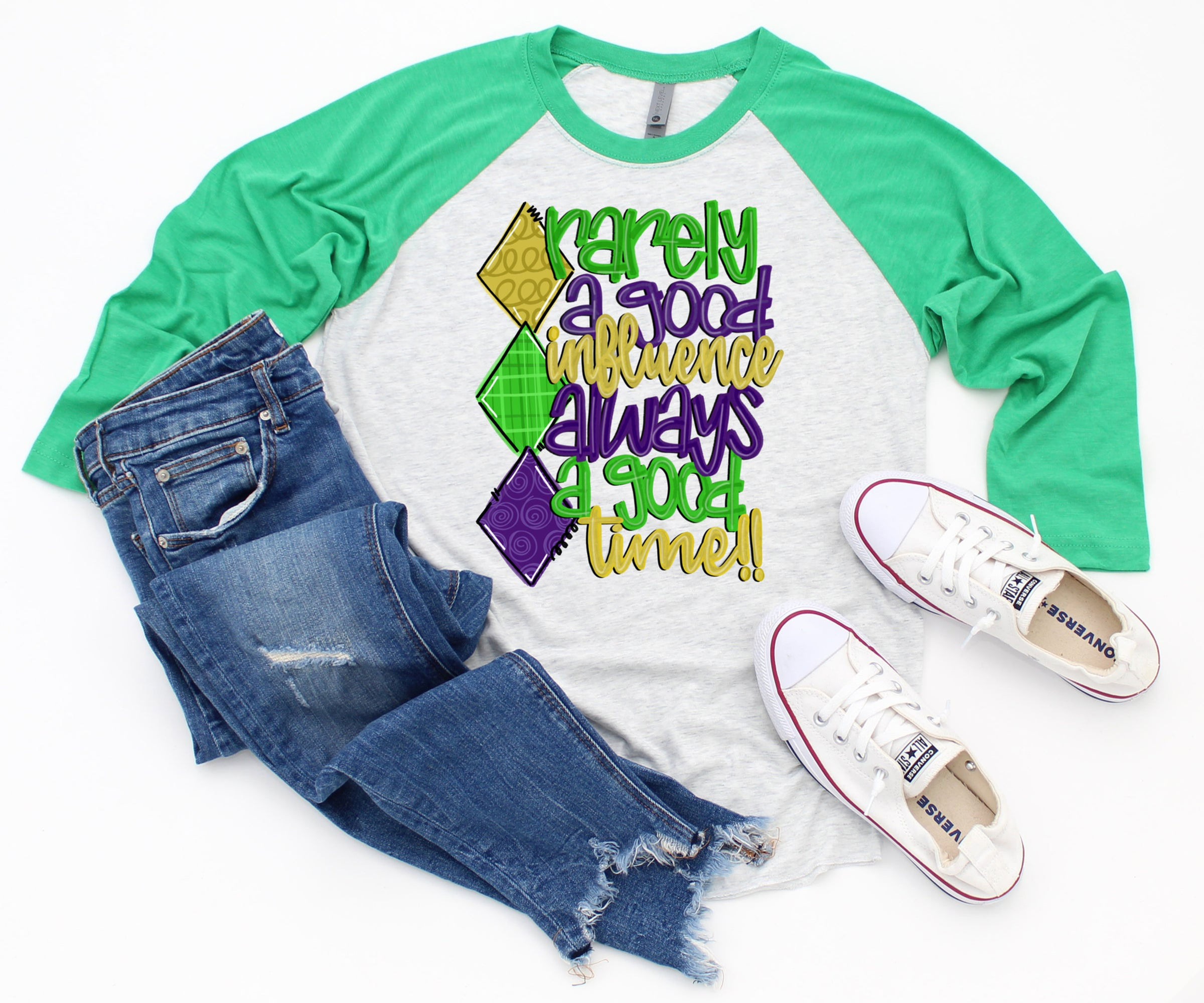 Watercolor Raglan- Mardi Gras -Rarely a Good Influence, Always a Good Time
