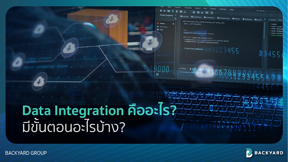 Banner graphic with cloud icons, data flow lines, and coding interface illustrating Data Integration | แบนเนอร์กราฟิกที่มีสัญลักษณ์คลาวด์ เส้นการเชื่อมข้อมูล และหน้าต่างโค้ดแสดงแนวคิด Data Integration