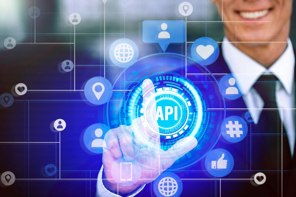 A business professional touching a digital interface with an API icon surrounded by technology and communication symbols. | ผู้เชี่ยวชาญด้านธุรกิจสัมผัสอินเทอร์เฟซดิจิทัลที่มีไอคอน API รายล้อมด้วยสัญลักษณ์เทคโนโลยีและการสื่อสาร